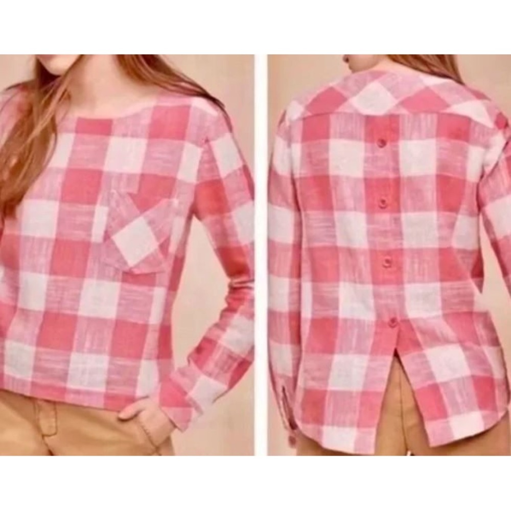 Cloth & Stone Women's Size S Plaid Button Back‎ Blouse Pink White Check